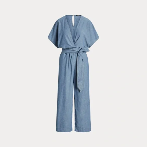 Lauren Ralph Lauren Blue Belted Chambray Wrap Jumpsuit - Picture 4 of 16